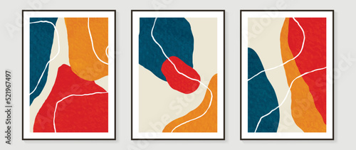 Set of abstract wall art vector background. Wall decor design with red, yellow, blue, organic shapes, line. Abstract watercolor painting for wall decoration, interior, prints, cover, and postcard.