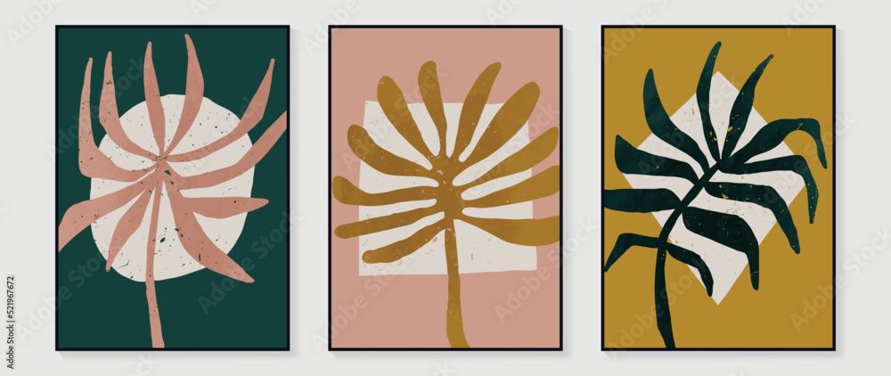 Set of abstract wall art vector background. Wall decor design with leaf branch, leaves, foliage, plant, tree. Abstract watercolor painting for wall decoration, interior, prints, cover, and postcard. Set of abstract wall art vector background. Wall decor design with leaf branch, leaves, foliage, plant, tree. Abstract watercolor painting for wall decoration, interior, prints, cover, and postcard.