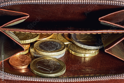 Konstfotografi Euros money in a wallet close-up, coins rubles and kopecks from Europe