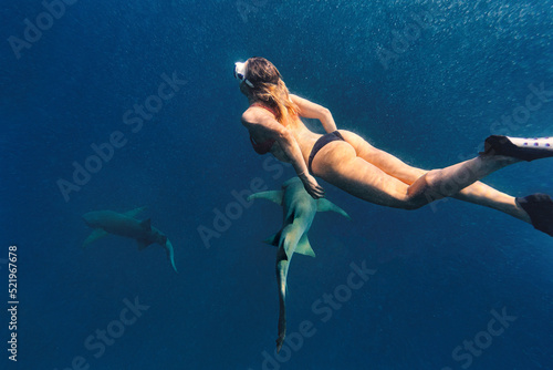 Woman swimming with nurse sharks in deep blue sea photo