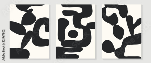 Set of abstract wall art vector background. Wall decor design with organic shapes, monochrome, black, white color. Abstract painting for wall decoration, interior, prints, cover, and postcard.
