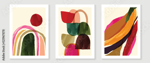 Set of abstract wall art vector background. Wall decor design with colorful color, organic shapes, circles. Abstract painting for wall decoration, interior, prints, cover, and postcard.