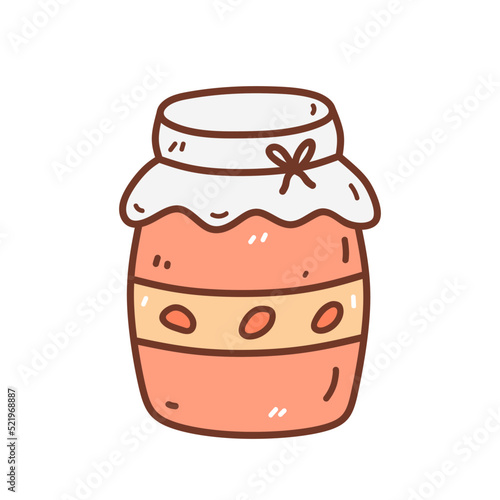 Cute jar of strawberry jam isolated on white background. Vector hand-drawn illustration in doodle style. Perfect for cards, logo, decorations, recipes, menu, various designs.