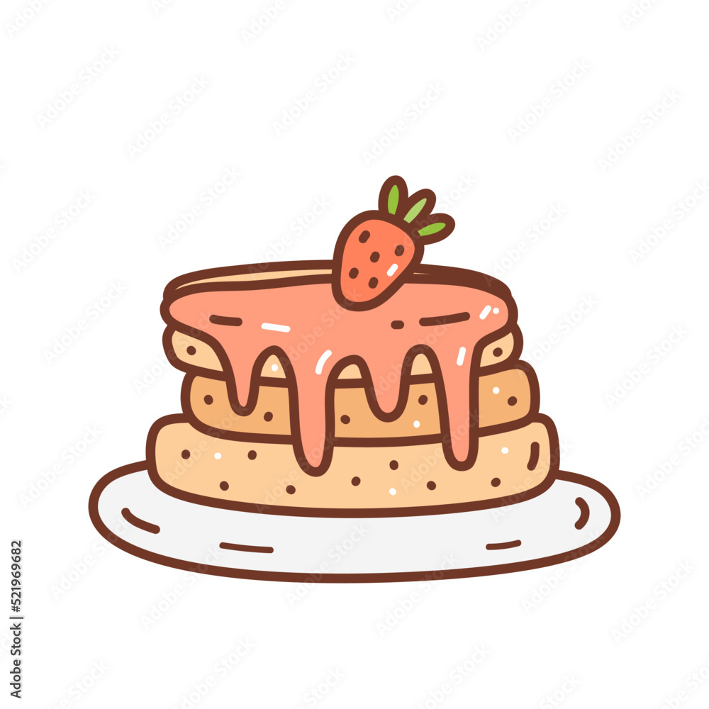 Cute pancakes with strawberry jam decorated with berries. Sweet food isolated on white background. Vector hand-drawn illustration in doodle style. Perfect for cards, decorations, logo, menu. Cute pancakes with strawberry jam decorated with berries. Sweet food isolated on white background. Vector hand-drawn illustration in doodle style. Perfect for cards, decorations, logo, menu.