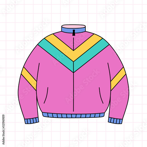 Retro sport jacket in the style of the 90s. Old-school clothes. Vector hand-drawn doodle illustration isolated on white background.  Nostalgia for the 1990s. Perfect for cards, decorations, logo