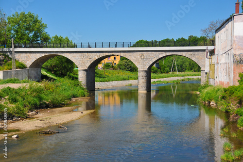 Kwisa river and bridge in Gryfow Slaski, city in Lower Silesian Voivodeship, Poland.