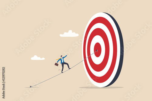 Set goal and take action to achieve goal or target, aiming or motivation to grow business and success, effort or skill to reach goal concept, businessman walking on the line aiming at target bullseye.