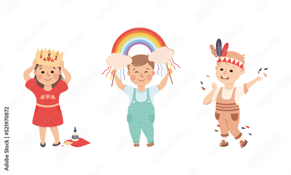 Creative Boy and Girl Showing Paper Crown and Rainbow Applique as Handcrafted Item Vector Set Creative Boy and Girl Showing Paper Crown and Rainbow Applique as Handcrafted Item Vector Set