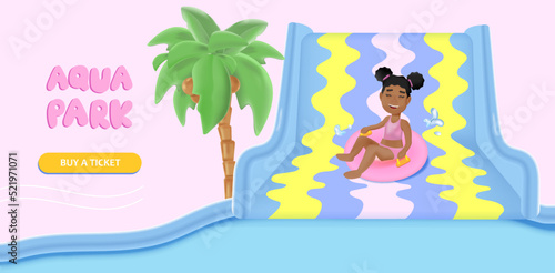 Water slide with a girl riding on inflatable ring. Vector 3d illustration of aqua park, waterpark concept for lending page, banner.