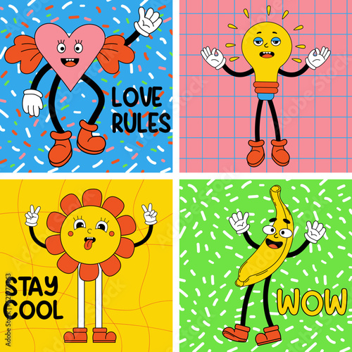 Set groovy retro cartoon stickers with funny comic characters with faces  gloved hands and feet. Trendy cartoon power flowers  heart  banana. Vector Sticker pack  posters.