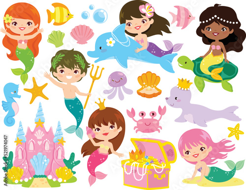 Mermaids world clipart set. Cute mermaids, merman, sea animals, and items from a magical underwater kingdom.