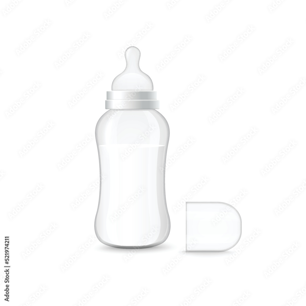 Baby milk bottle with pacifier and removable cap, 3d realistic vector illustration isolated on white background. Baby milk bottle with pacifier and removable cap, 3d realistic vector illustration isolated on white background.