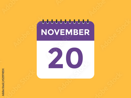 november 20 calendar reminder. 20th november daily calendar icon template. Calendar 20th november icon Design template. Vector illustration 