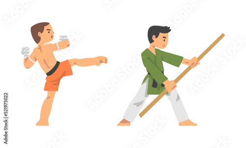 Man Character Engaged in Combat Sport or Fighting Sport Vector Set