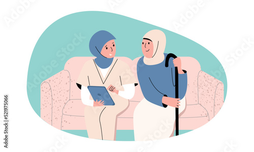 Muslim nurse and patient vector illustration.