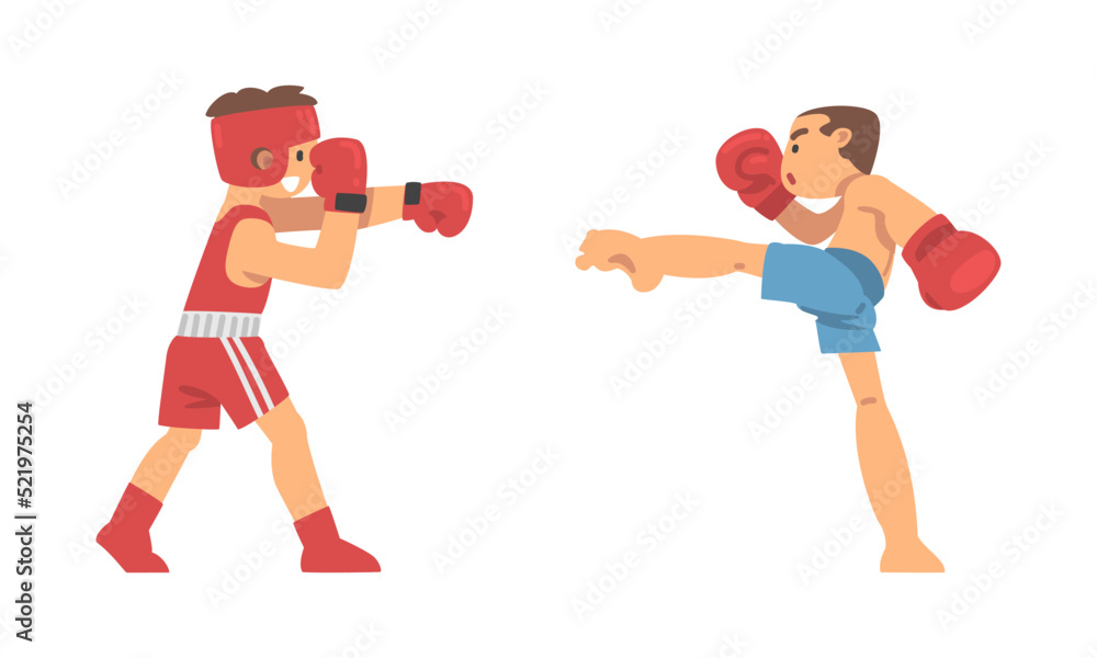 Man Character Engaged in Combat Sport or Fighting Sport Vector Set