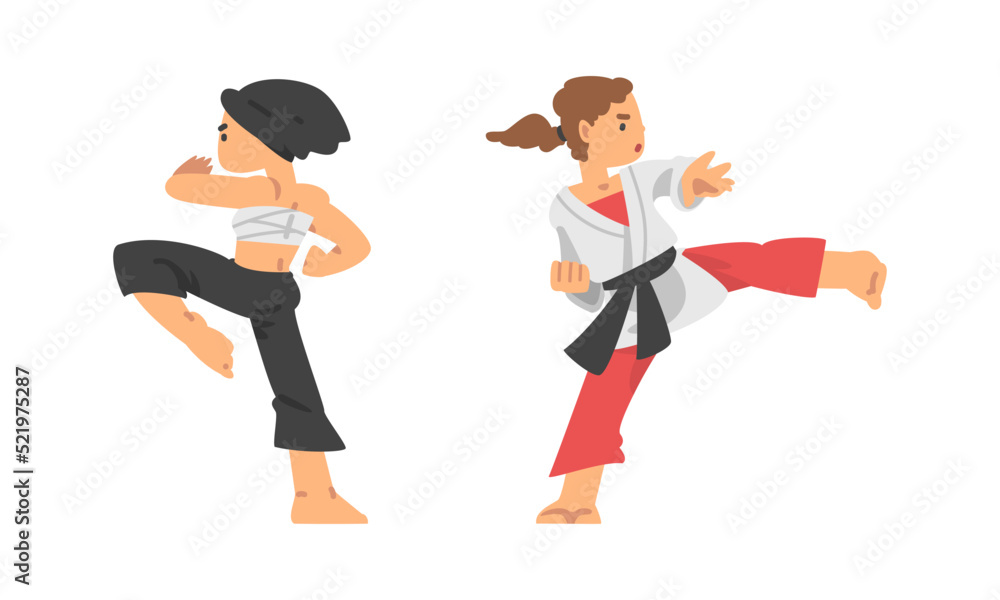 Woman Character Engaged in Combat Sport or Fighting Sport Vector Set