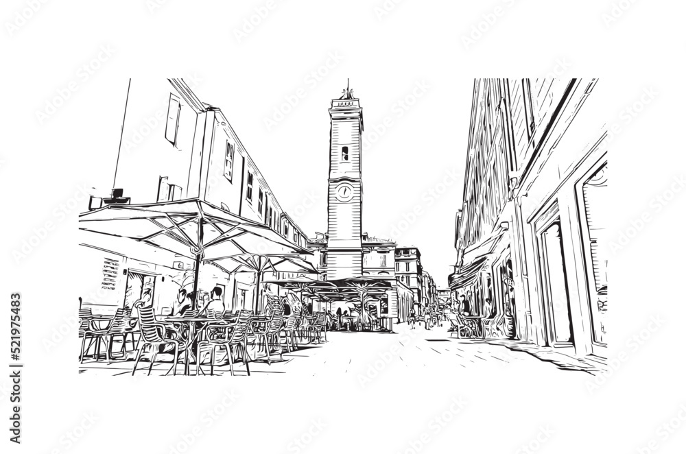 Building view with landmark of Nimes is the 
commune in France. Hand drawn sketch illustration in vector.