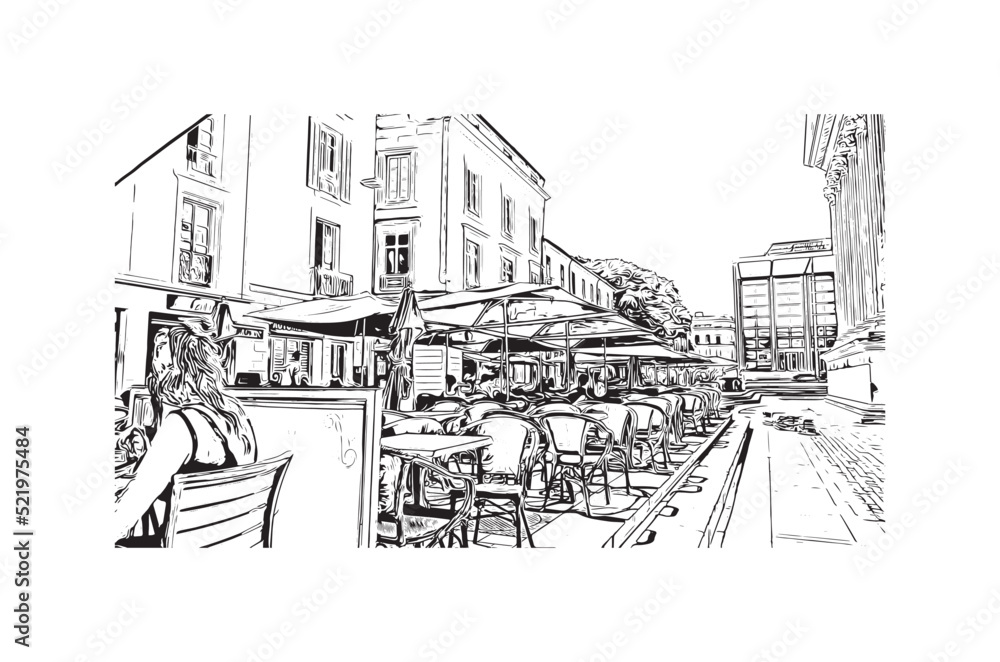 Building view with landmark of Nimes is the 
commune in France. Hand drawn sketch illustration in vector.