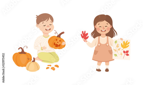 Creative Boy and Girl Showing Carved Pumpkin and Foliage Applique as Handcrafted Item Vector Set