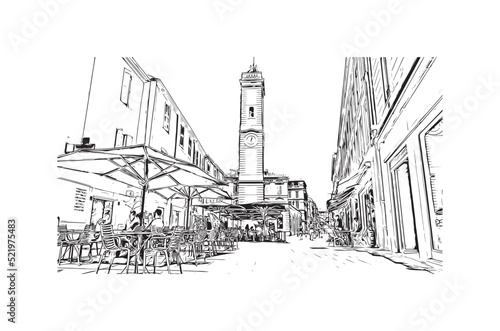 Building view with landmark of Nimes is the  commune in France. Hand drawn sketch illustration in vector. © dhanu3182