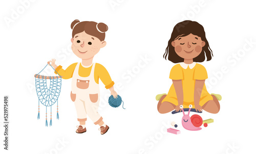 Creative Girl Showing Dream Catcher and Plasticine Snail as Handcrafted Item Vector Set
