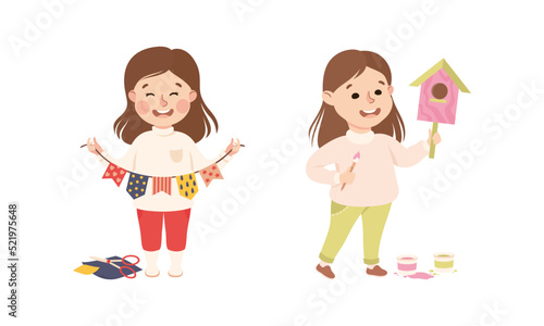 Creative Girl Showing Paper Garland and Built Nesting Box as Handcrafted Item Vector Set