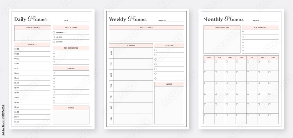 Daily, weekly, monthly planner template. Modern planner template set. 3 Set of minimalist Planners. Printable planner template design. Daily, weekly, monthly planner template. Modern planner template set. 3 Set of minimalist Planners. Printable planner template design.