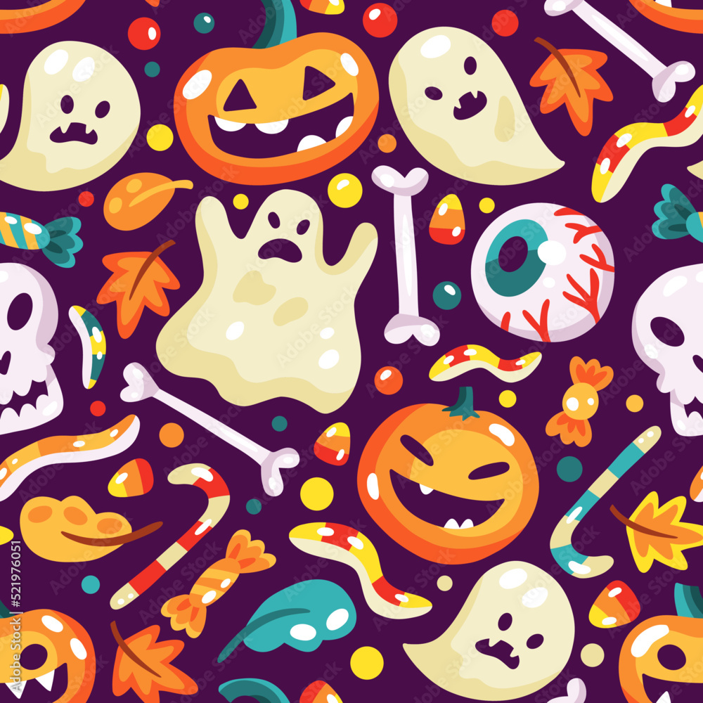 Seamless pattern with Halloween sweets and elements. Skull, ghost, pumpkin, leaves, candies. Halloween texture for prints, fabrics, backgrounds, web and social media. Surface design