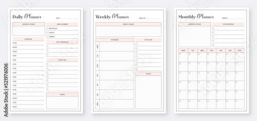 Daily, weekly, monthly planner template. Modern planner template set. 3 Set of minimalist Planners. Printable planner template design.