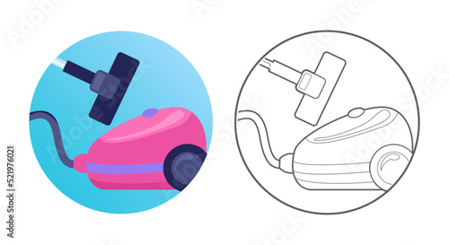 Hoover icon. Cleaning equipment, tools and chemistry. Colorful and outlined icon in circle. Vector illustration isolated on white.