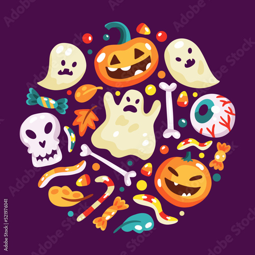 Halloween colorful round illustration with celebration decorative elements.