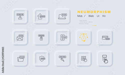 Protective passwords set icon. Security system notification, home, laptop, envelope, lock, phone, bank card, protected folder, shield, key, enter. Privacy concept. Neomorphism style. Vector line icon