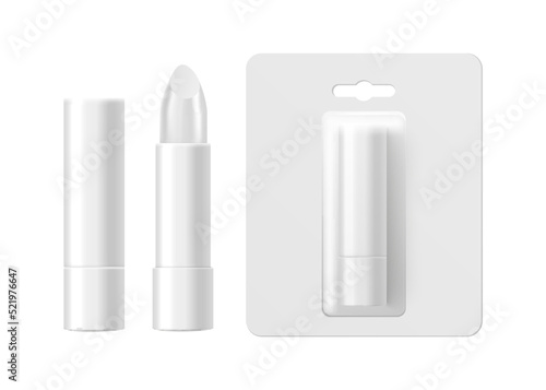 Lip balm stick and package, realistic mockup of beauty product, vector illustration isolated on white background.