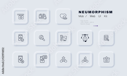 Medications set icon. Pills, prescription, doctor, calendar, schedule, heart, magnifier, blister, glass of water, jar, cross, pharmacy, leaf, eco. Healthcare concept. Neomorphism. Vector line icon