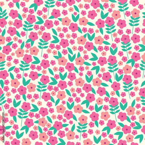 Simple vintage pattern. pink flowers, green leaves. white background. Fashionable print for textiles and wallpaper.