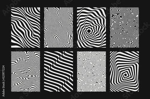 Set of Liquify Lines effect black and white templates. Retro futuristic posters with optical illusion effect. 3d waves, abstract stripes . Creative geometric design.