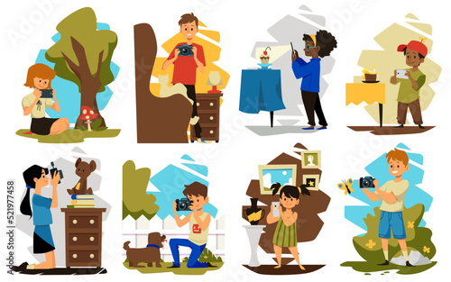 Children taking pictures with camera and mobile phone, flat vector illustration isolated on white background.