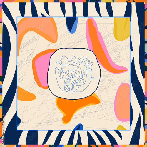 Scarf modern design with artistic shapes and floral doodles. Abstract fashionable vector template for your design.