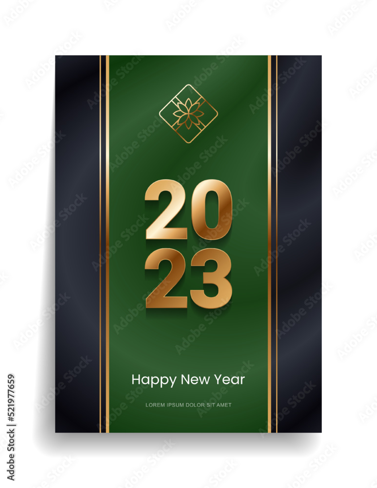 2023 Happy New Year and Merry Christmas. Designer cover with gold elements on a black background for invitation, congratulatory postcard, calendar, parties. Vector. 2023 Happy New Year and Merry Christmas. Designer cover with gold elements on a black background for invitation, congratulatory postcard, calendar, parties. Vector.