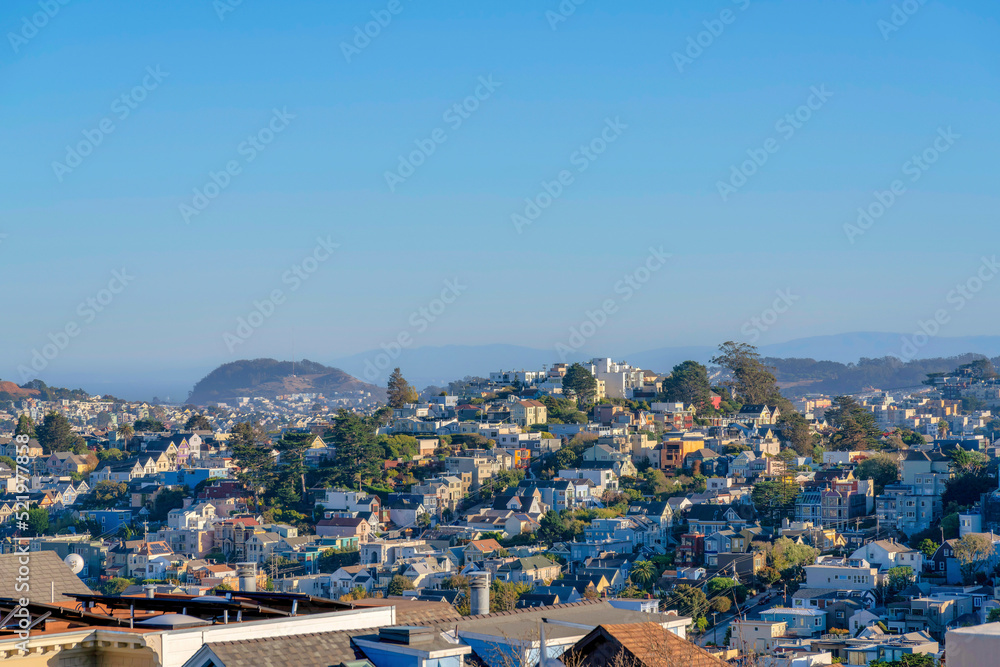 Suburbs of San Francisco, California near the hills and mountains in a high angle view
