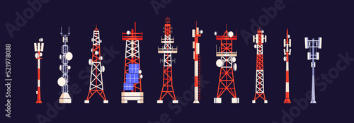 Radio masts, antenna towers set for telecommunication, broadcasting. TV, internet, satellite signaI transmission stations, radars, poles. Telecom structures. Isolated flat vector illustrations photo