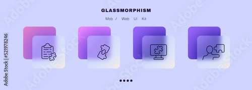 Puzzles for working tasks set icon. Clipboard, solve problems, computer, man, employee, creative idea, thinking, innovation. Business concept. Glassmorphism style. Vector line icon for Advertising