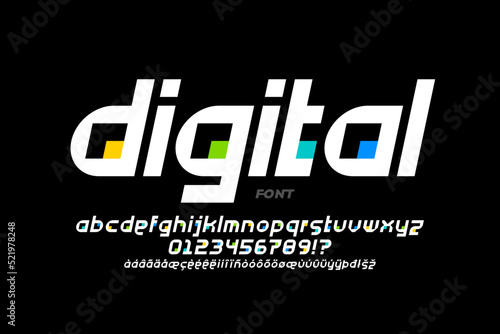 Digital tech style font design, multilingual alphabet letters and numbers vector illustration
