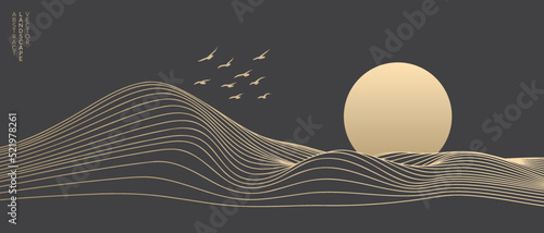 Vector abstract art landscape mountain with birds and sunrise sunset by golden line art texture isolated on dark grey black background. Minimal luxury style for wallpaper, wall art decoration.