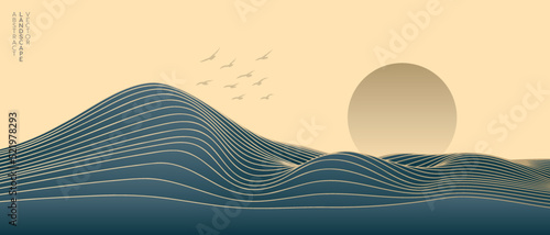 Vector abstract art landscape mountain with birds and sunrise sunset by golden line art texture isolated on dark teal blue background. Minimal luxury style for wallpaper, wall art decoration.