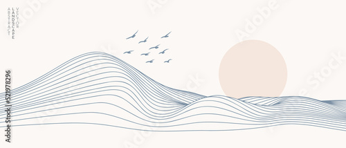 Vector abstract art landscape mountain with birds and sunrise sunset by blue line art texture isolated on white beige earth tone background. Minimal luxury style for wallpaper, wall art decoration.