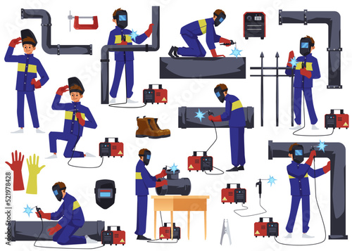Welder workers characters set welding pipeline flat vector illustration isolated.