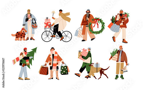 Happy people at Christmas eve set. Merry men and women characters walking with gift boxes, Xmas trees, shopping bags on winter holiday. Flat graphic vector illustrations isolated on white background