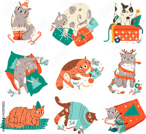 Funny cats Christmas and New Year set. Cute cats with garland, giftboxes , sweaters. Collection of cartoon pets for winter seasonal celebration and greetings